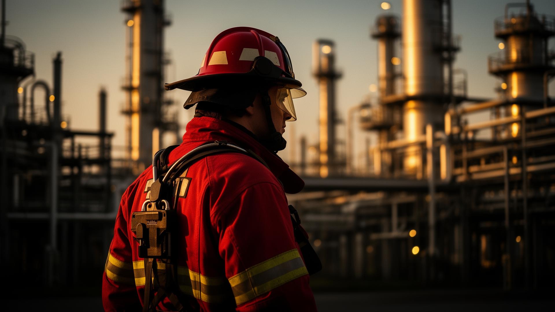 Bombeiro industrial em refinaria petroquímica ao entardecer